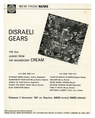 Lot 86 - Eric Clapton 1967 Disraeli Gears New From NEMS Press Release (UK)