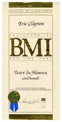 Lot 89 - Eric Clapton 1992 Tears In Heaven BMI Citation of Achievement Certificate (USA)