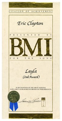 Lot 90 - Eric Clapton 1971 Derek and The Dominos Layla BMI Citation of Achievement Certificate (USA)