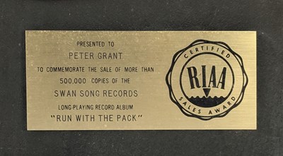 Lot 8 - Bad Company Run With The Pack 1976 Peter Grant Sales Award (UK)