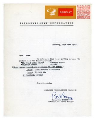 Lot 35A - Jimi Hendrix 1967 Barclay Record Label Letter (France)