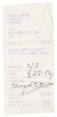 Lot 40 - Ray Davies 2000 Signed Pizza Express Highgate Receipt (UK)