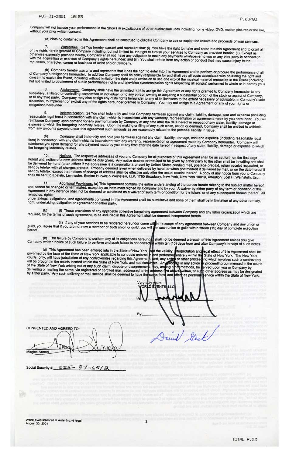 Lot 46 - Michael Jackson 2001 Signed 30th Anniversary Madison Square Garden Performance Contract (USA)