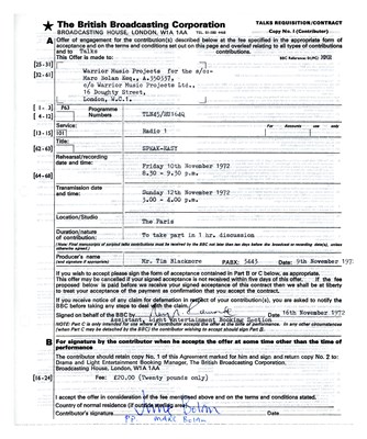 Lot 92A - T-Rex 1970s BBC Radio 1 Club & David Hamilton Show Contracts (UK)