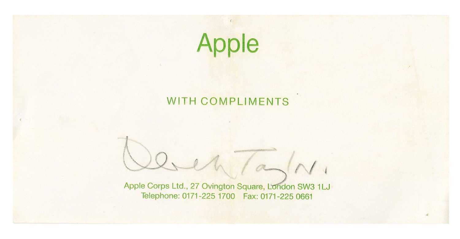 Lot 165 - Apple Corps Ltd. Derek Taylor Signed Compliments Slip & Warner Bros Compliments Card (UK)