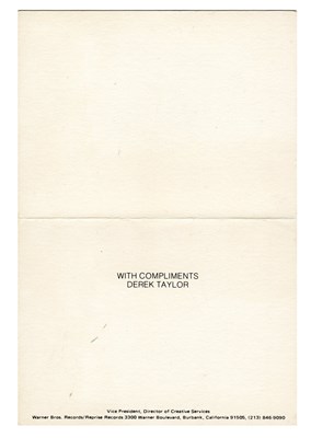 Lot 165 - Apple Corps Ltd. Derek Taylor Signed Compliments Slip & Warner Bros Compliments Card (UK)