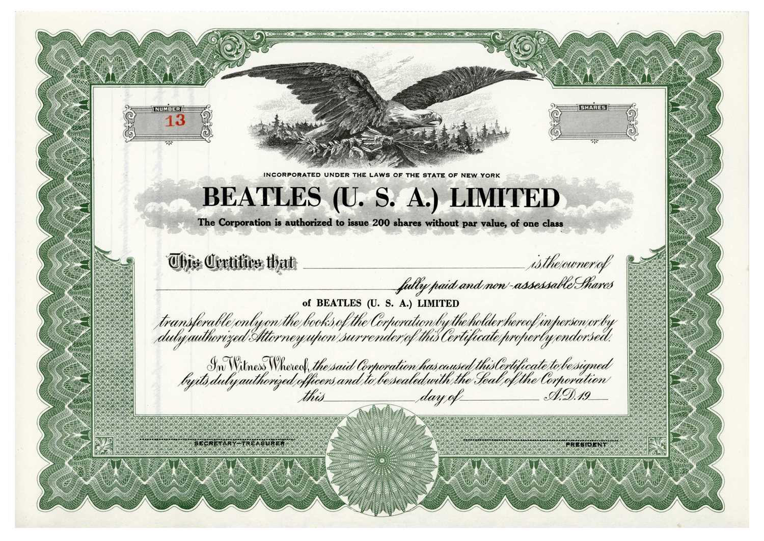 Lot 184 - The Beatles (U.S.A.) Limited 1964 Stock Certificate (USA)
