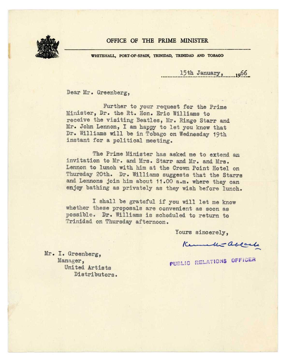 Lot 202 - John Lennon & Ringo Starr 1966 Prime Minister Lunch Invitation (Trinidad)