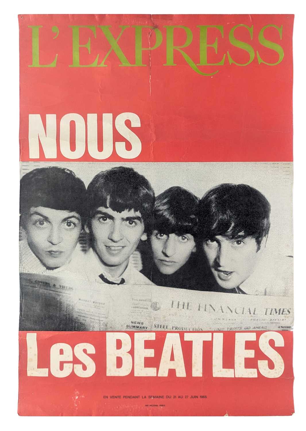 Lot 205 - The Beatles L’Express Newspaper 1965 Promotional Poster (France)