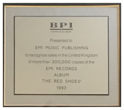 Lot 162 - Kate Bush Red Shoes 1993 BPI 300,000 Copies Award Presented To EMI Music Publishing (UK)