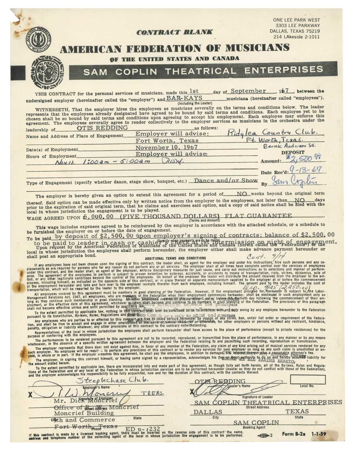 Lot 205 - Otis Redding 1967 Ridglea Country Club Texas Performance Contract (UK)