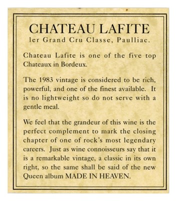 Lot 236 - Queen 1995 Made In Heaven Chateau Lafite 1983 Vintage Wine (France)