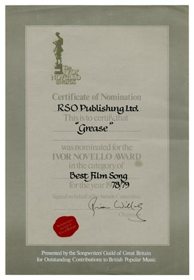 Lot 17 - Barry Gibb 1979 Grease Ivor Novello Awards Nomination Certificate (UK)