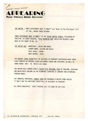 Lot 344 - The Smiths 1984 What Difference Does It Make? 7” Single & Press Release (UK)