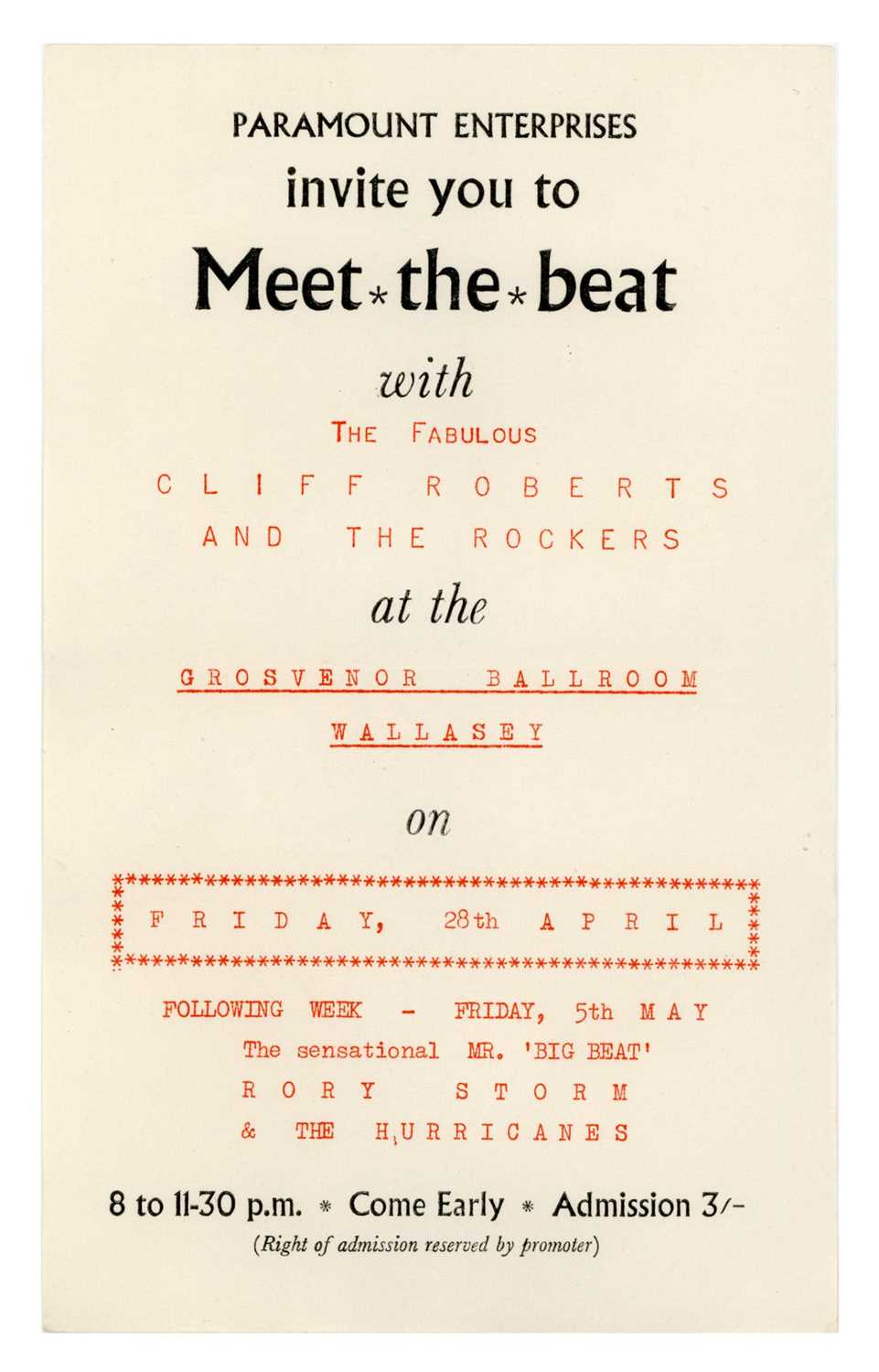 Lot 286 - Ringo Starr Rory Storm & The Hurricanes 1961 Meet The Beat Concert Grosvenor Ballroom Handbill (UK)