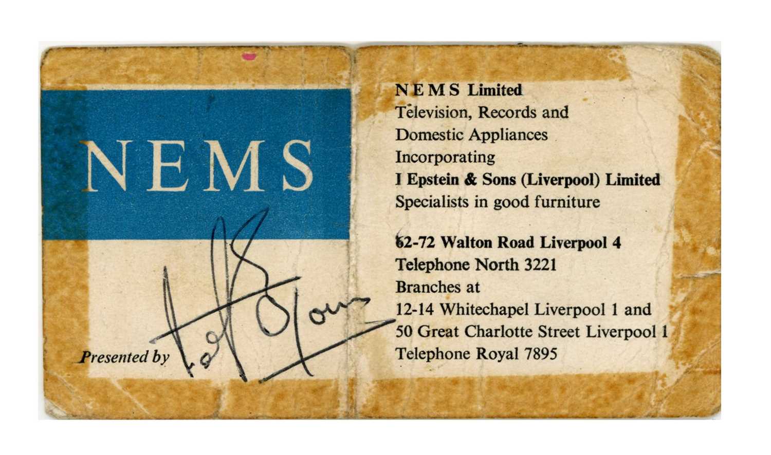 Lot 129 - Brian Epstein 1960s NEMS Ltd Business Card Signed By Peter Brown Freda Kelly Collection (UK)