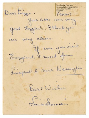 Lot 271 - George Harrison’s Mother Louise Harrison 1960s Handwritten Letter Lizzie Bravo Collection (UK)