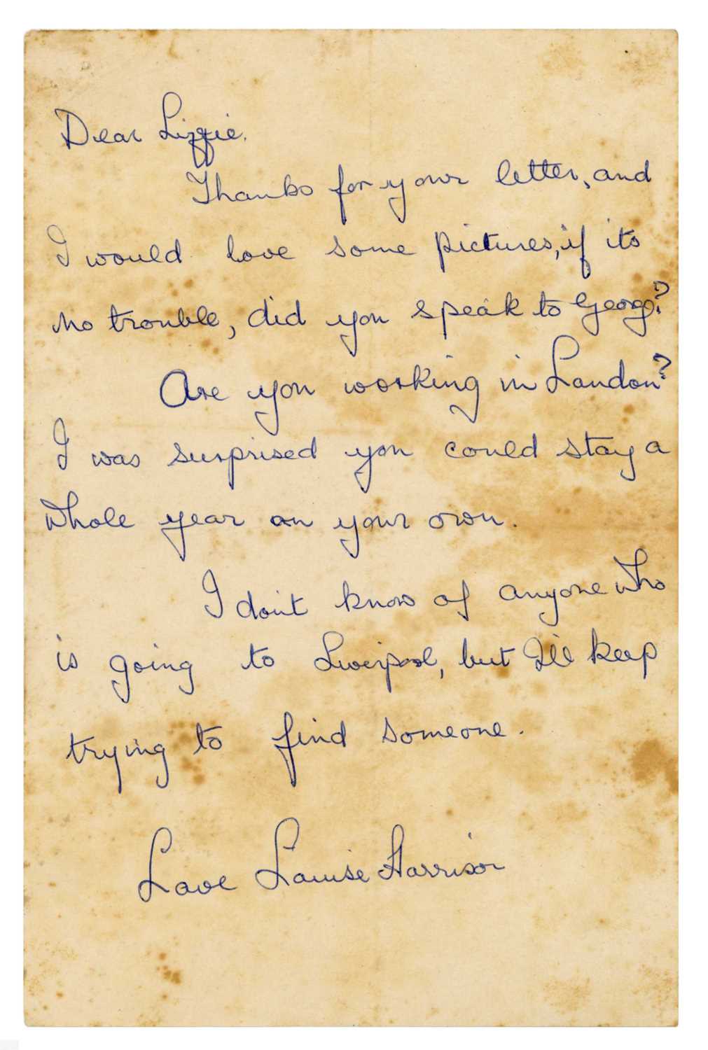 Lot 273 - George Harrison’s Mother Louise Harrison 1967 Handwritten Letter Lizzie Bravo Collection (UK)