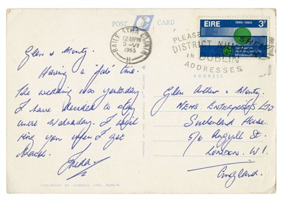 Lot 56 - The Beatles Fan Club Secretary Freda Kelly 1965 Handwritten Postcard To NEMS (Ireland)