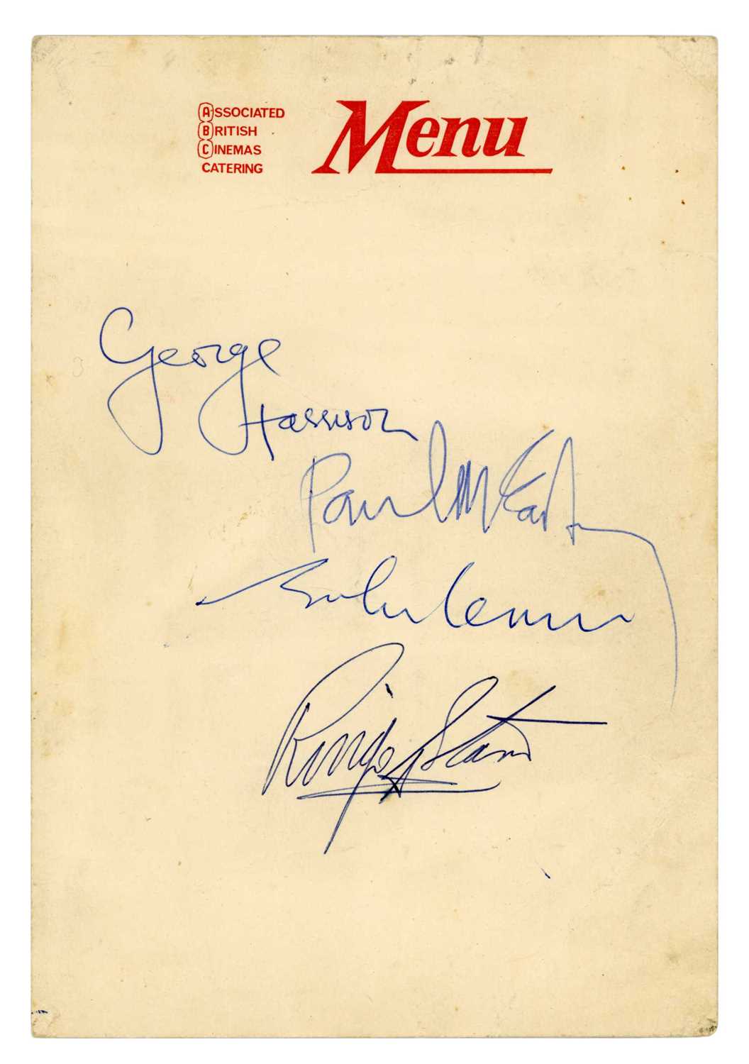 Lot 112 - The Beatles 1963 Autographs ABC Cinema Menu Hull (UK)