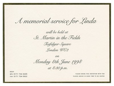 Lot 205 - Linda McCartney Memorial Service Invitation And Order Of Service Booklet (UK)
