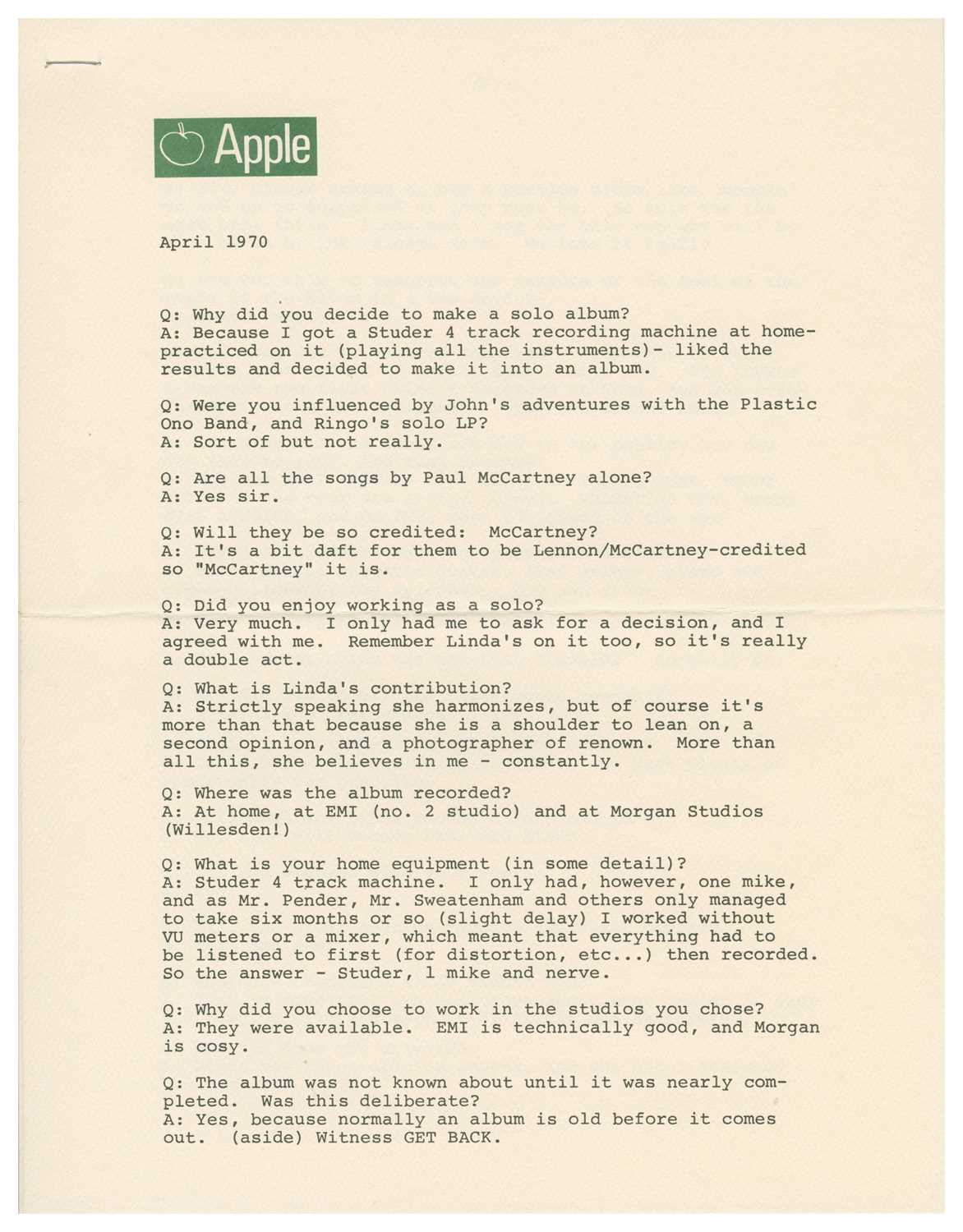 Lot 206 - Paul McCartney McCartney Album Press Release (USA)