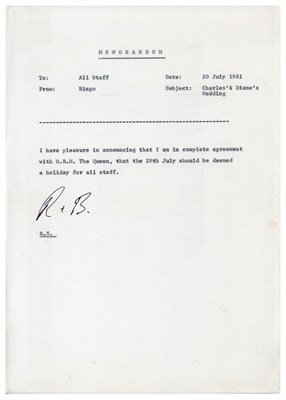 Lot 290 - Ringo Starr 1981 Hand Initialled Memorandum Regarding The Royal Wedding Of Charles And Diana (UK)