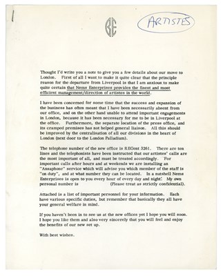 Lot 305 - Brian Epstein Headed Letter NEMS Change Of Address Letter (UK)