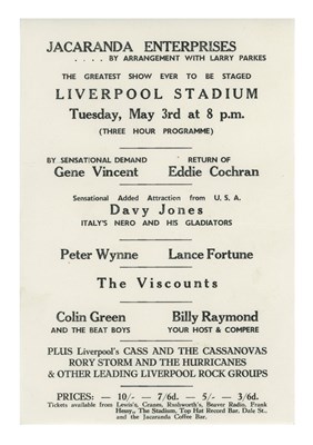 Lot 327 - Rory Storm & The Hurricanes 1960 Liverpool Stadium Concert Handbill Johnny Guitar Collection (UK)