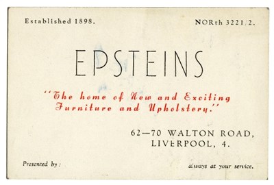 Lot 336 - Brian Epstein Owned Late 1950s/Early 1960s Epstein’s Furniture Store Business Card (UK)