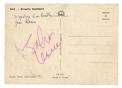 Lot 198 - John Lennon Autographed Brigitte Bardot Postcard 1964/1965 (France)