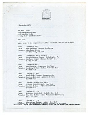 Lot 83 - Eric Clapton 1970 Derek & Dominos Proposed Tour Letter (USA)